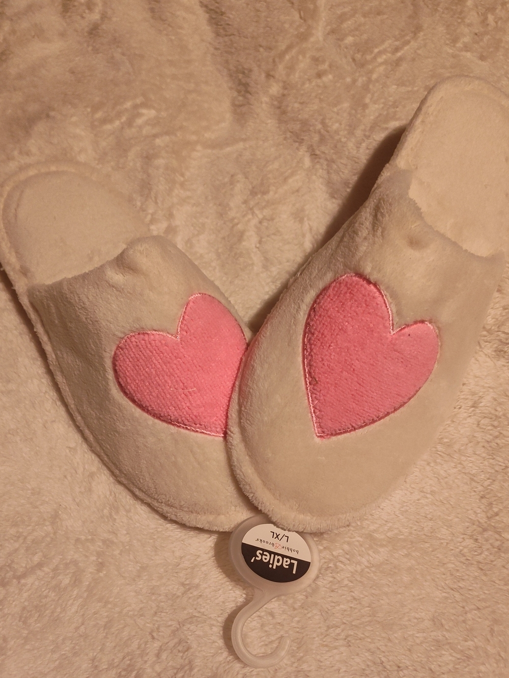Ladies Plush Pink Heart Slip-On Slippers